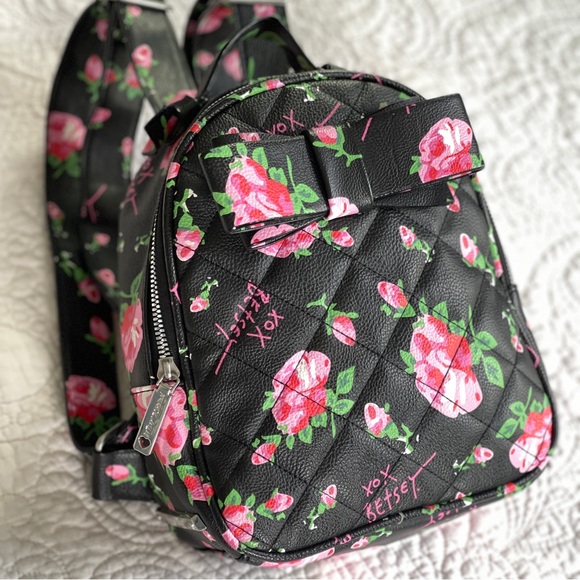Betsey Johnson Floral Black Mini Backpack with Pink Accents - Picture 12 of 12
